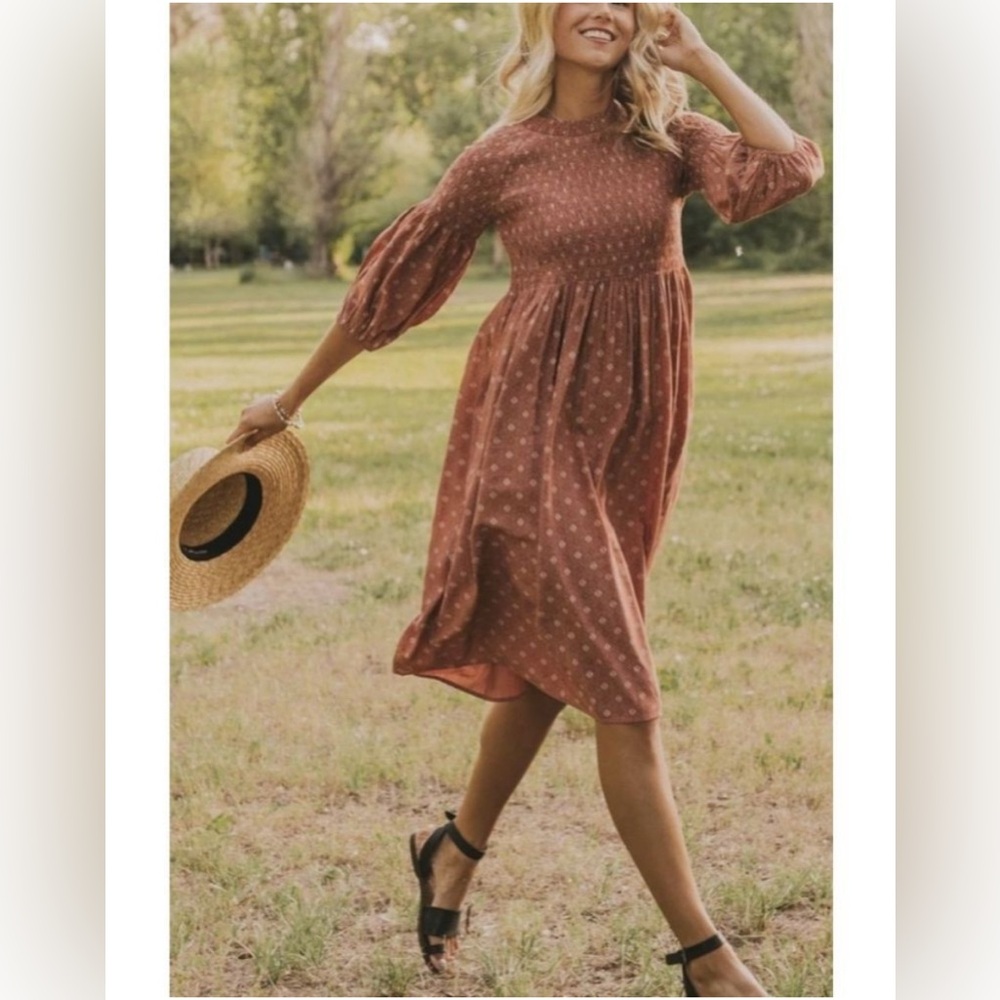 Polagram Long Sleeve Rust Rosè Bell Sleeve Western Prairie Midi Dress